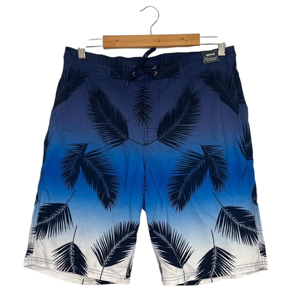 Roundtree Yorke Board Shorts Mens Medium Blue Palm Leaf Swim Trunks Vacation